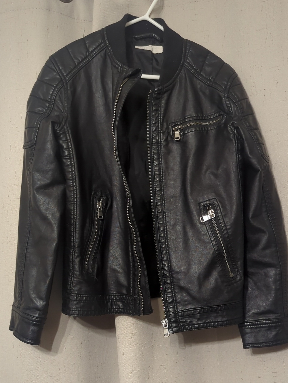 H&M Black Faux Leather Bomber Jacket with Zippered Pockets